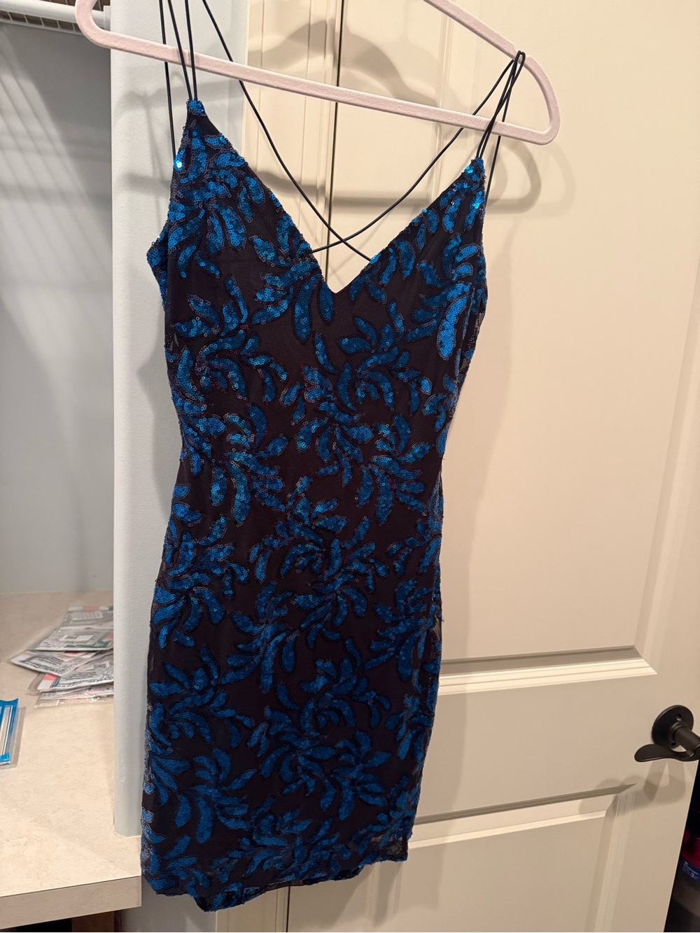 B Darlin Black Dress with Blue Sequin Floral Homecoming Dress